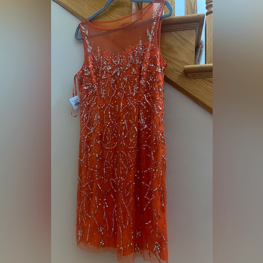 Women’s Formal Dress Size 12 MARINA Orange Beaded Midi Cocktail Party Gown NEW